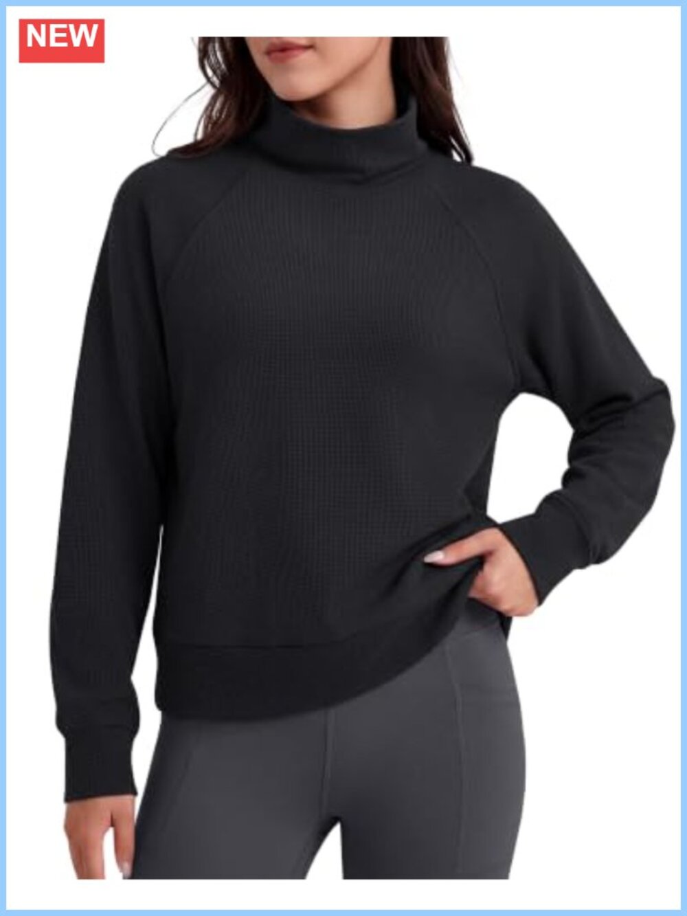 Waffle Knit Mock Neck Long Sleeve Pullover Sweatshirt